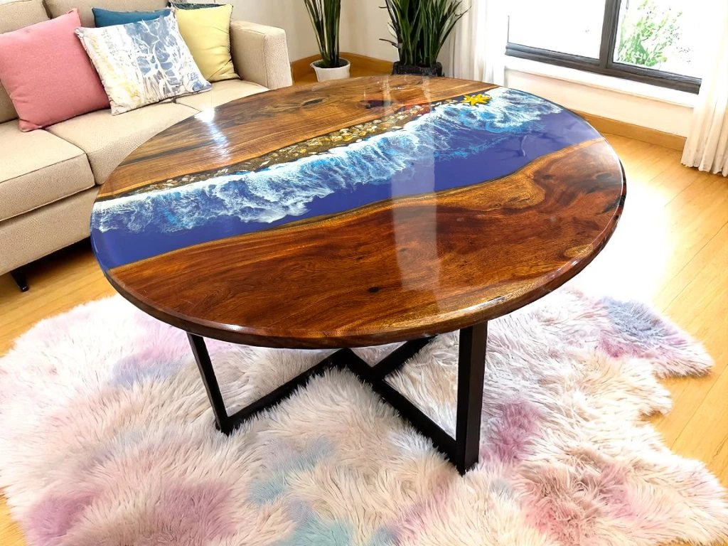 Round Epoxy Ocean Table – Handmade Coastal Theme Decor